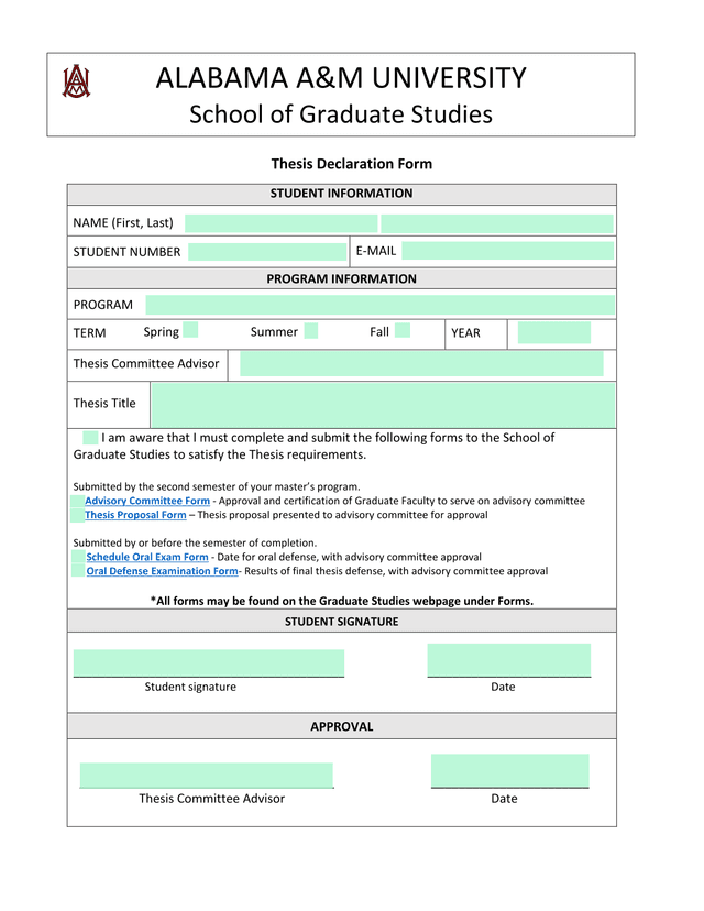 Thesis Declaration Form screenshot