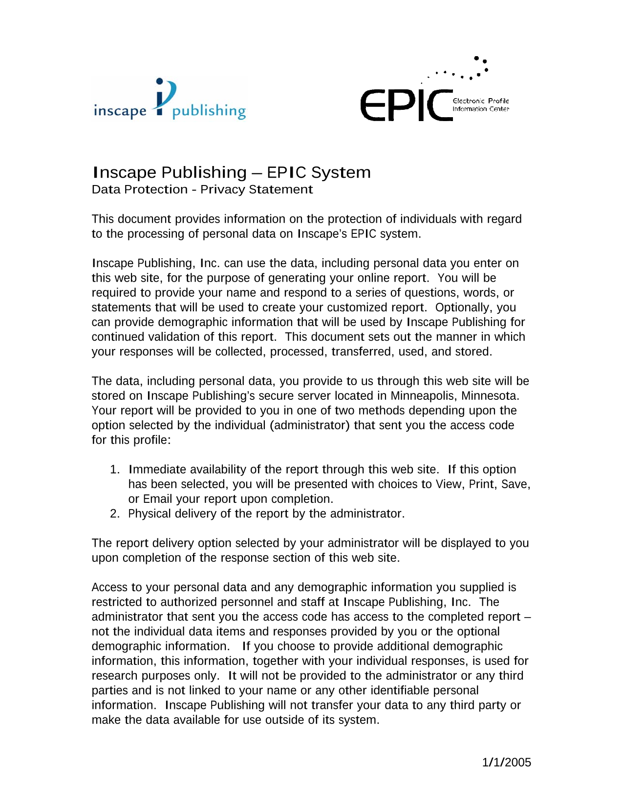 Inscape Publishing  EPIC System Data Protection   Privacy Statement screenshot