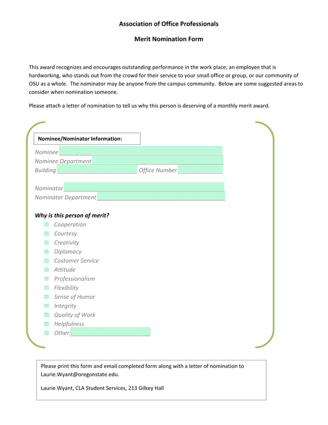 Association Of Office Professionals Merit Nomination Form screenshot