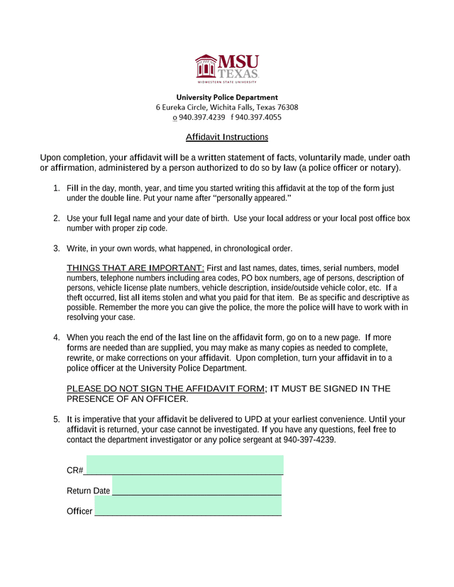 Affidavit Instructions screenshot