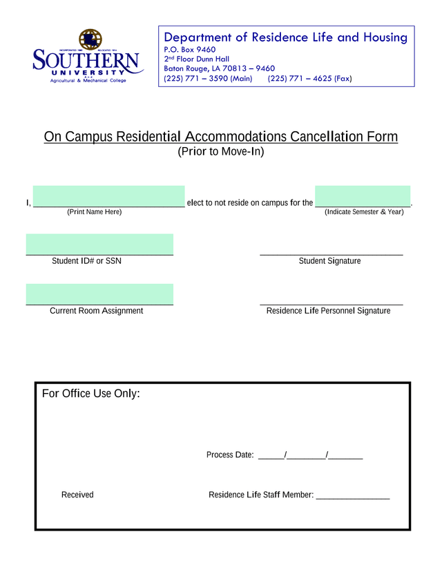 On Campus Residential Accommodations Cancellation Form screenshot
