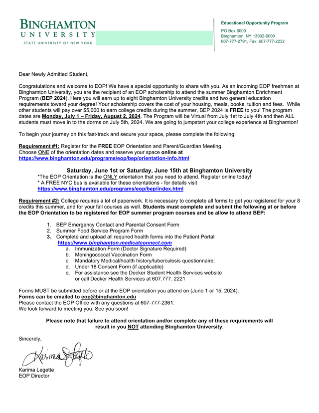 Educational Opportunity Program (EOP) BEP 2024 Program Acceptance Letter screenshot