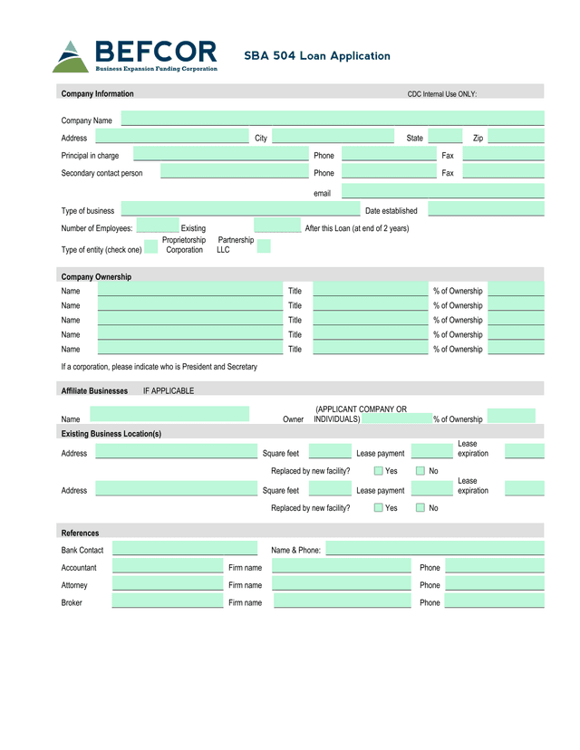 SBA 504 Loan Application screenshot