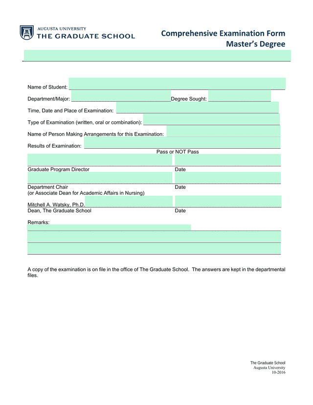 Comprehensive Examination Form screenshot