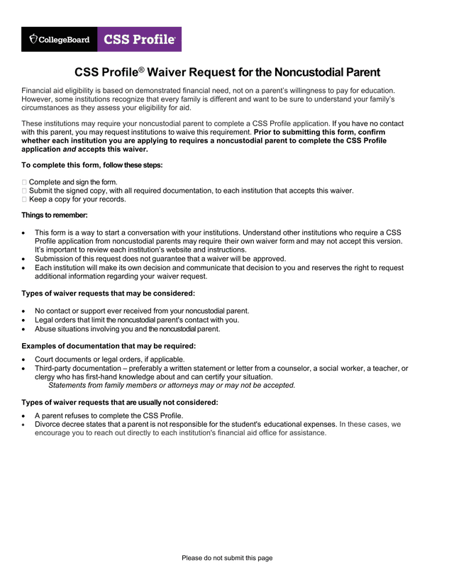 CSS Profile Waiver Request For The Noncustodial Parent screenshot