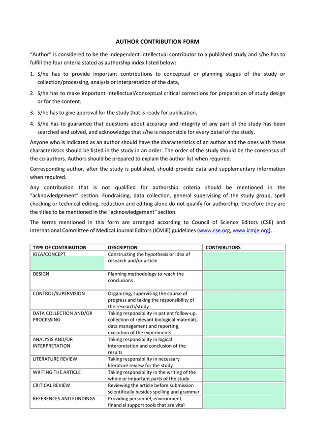 AUTHOR CONTRIBUTION FORM screenshot