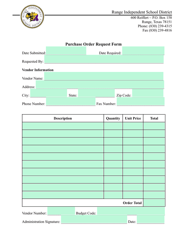 Purchase Order Request Form screenshot
