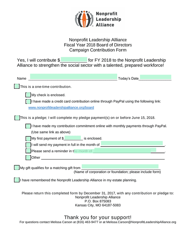 Nonprofit Leadership Alliance Fiscal Year 2018 Board Of Directors Campaign Contribution Form screenshot