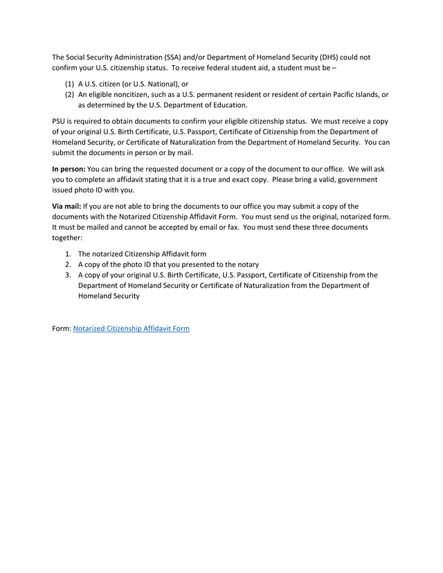 Notarized Citizenship Affidavit Form screenshot