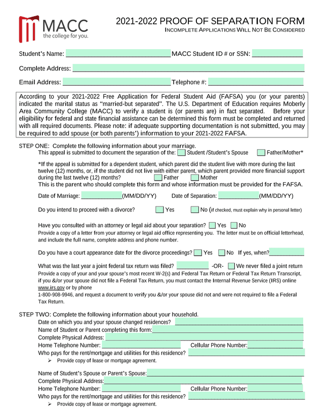 2021 2022 PROOF OF SEPARATION FORM screenshot