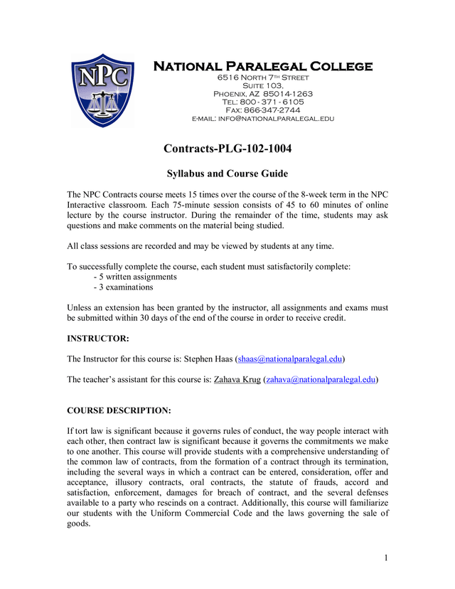 Contracts PLG 102 1004 Syllabus And Course Guide screenshot