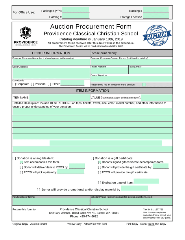 Auction Procurement Form screenshot