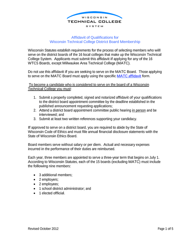 Affidavit Of Qualifications For Wisconsin Technical College District Board Membership screenshot