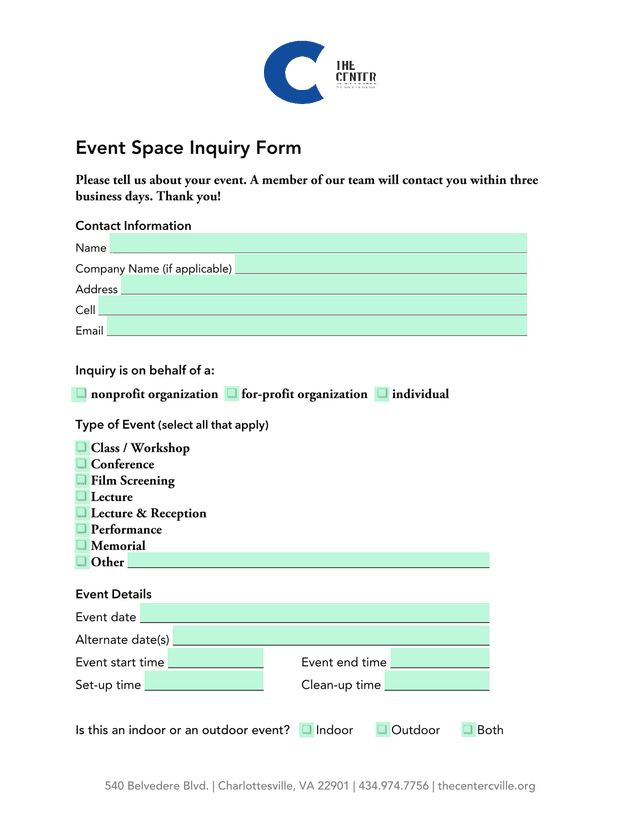 Event Space Inquiry Form screenshot