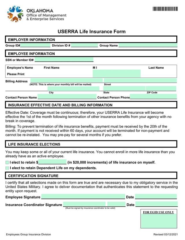 USERRA Life Insurance Form screenshot