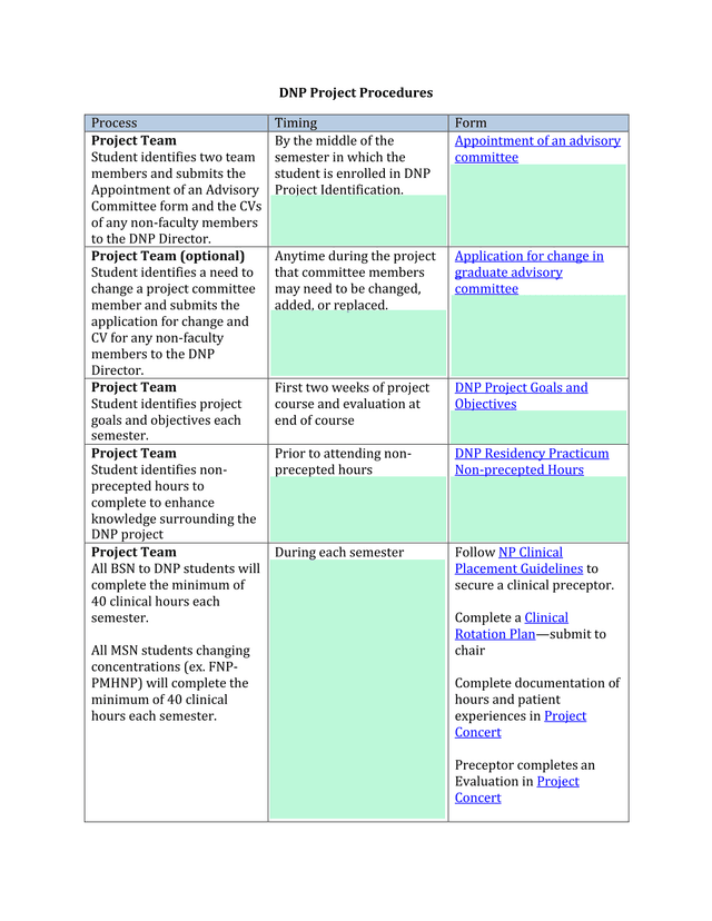 DNP Project Procedures screenshot