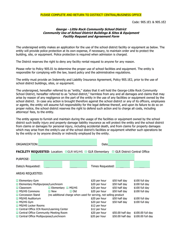 Community Use Of School District Buildings  Sites  Equipment Facility Request And Agreement Form screenshot