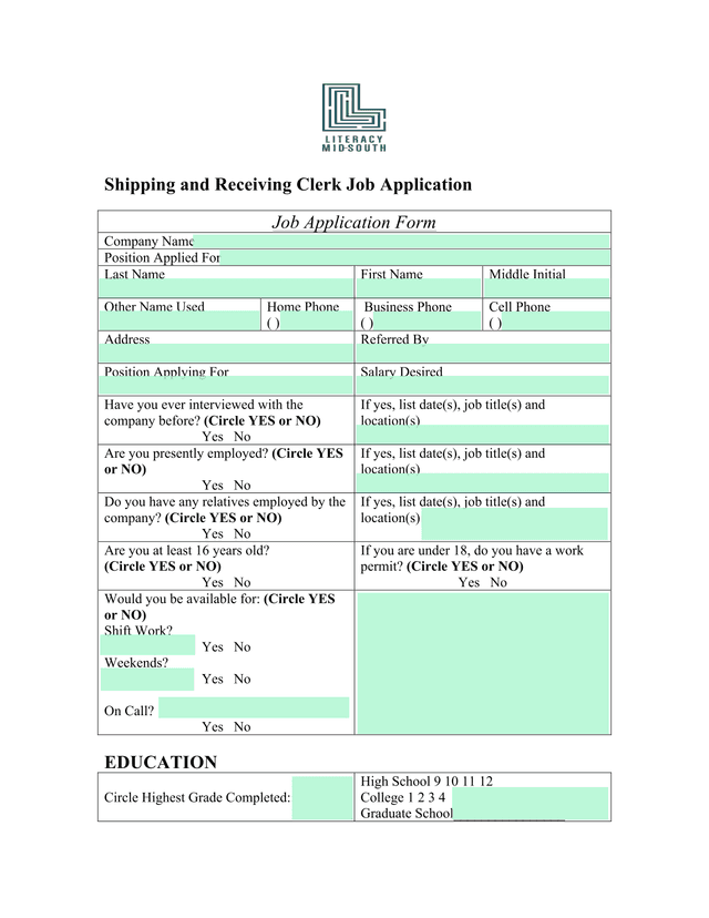 Shipping And Receiving Clerk Job Application screenshot