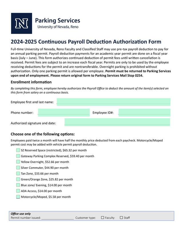 2024 2025 Continuous Payroll Deduction Authorization Form screenshot