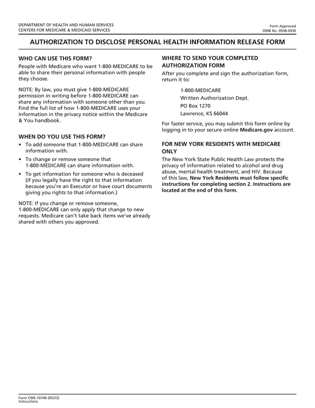 Form CMS 10106 Authorization To Disclose Personal Health Information Release Form screenshot