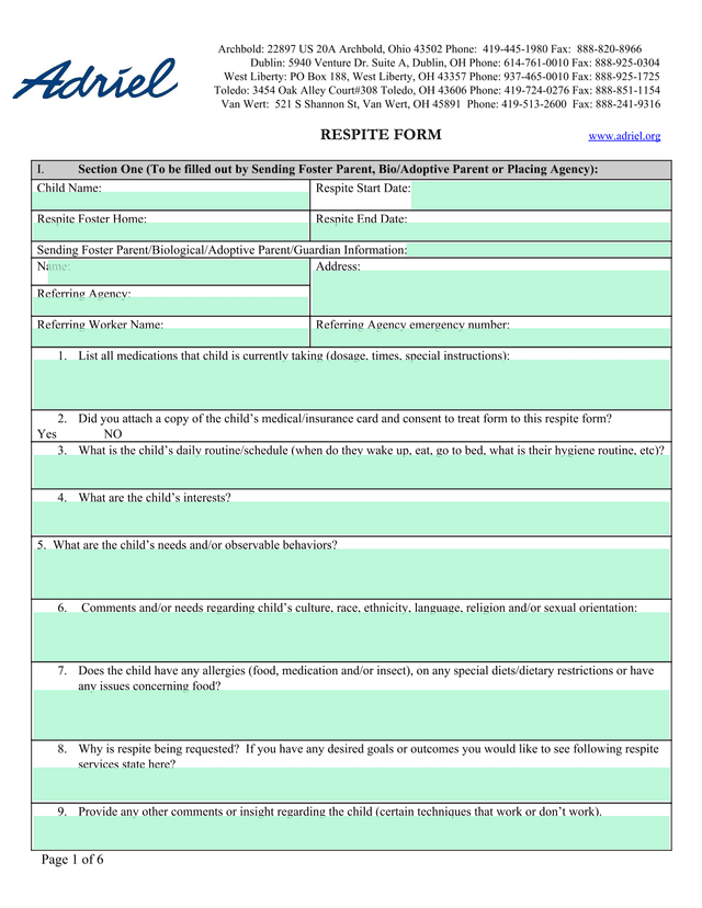 Respite Form screenshot