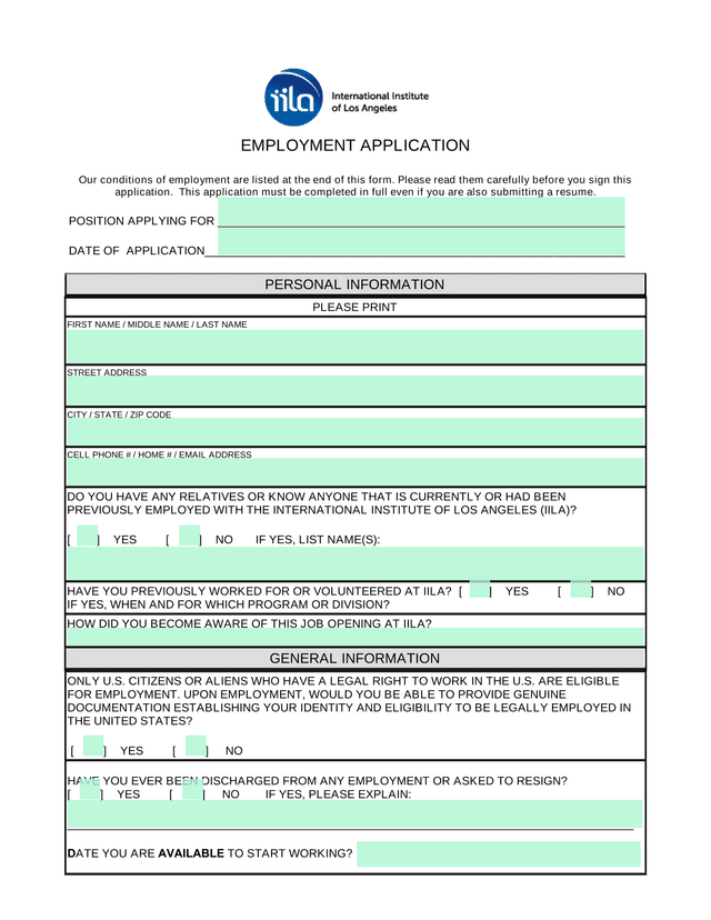 Employment Application screenshot