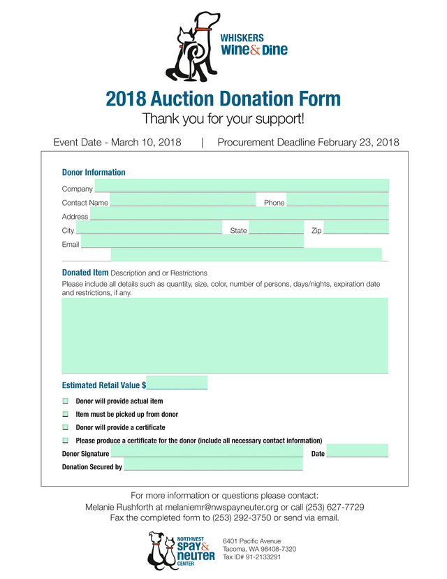 2018 Auction Donation Form screenshot