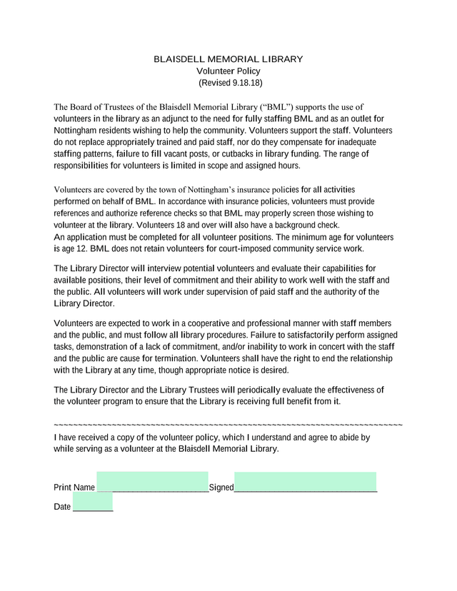 Blaisdell Memorial Library Volunteer Policy screenshot