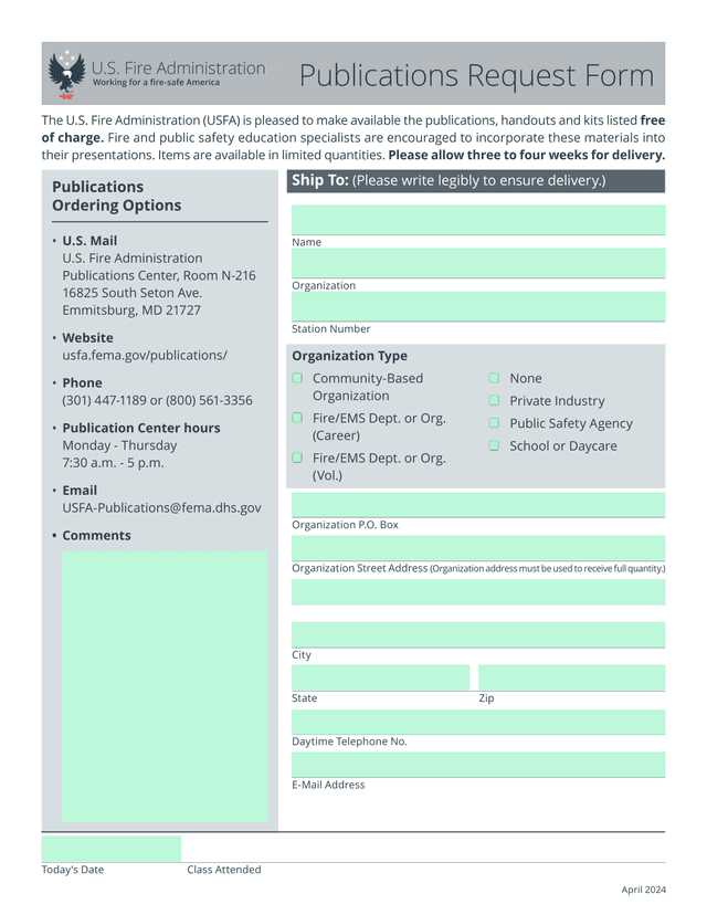 Publications Request Form screenshot