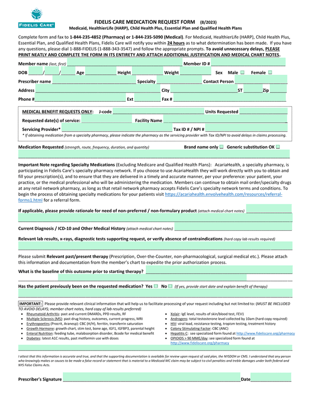 Fidelis Care Medication Request Form screenshot