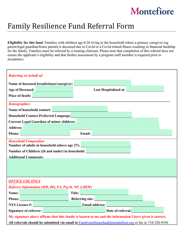 Family Resilience Fund Referral Form screenshot
