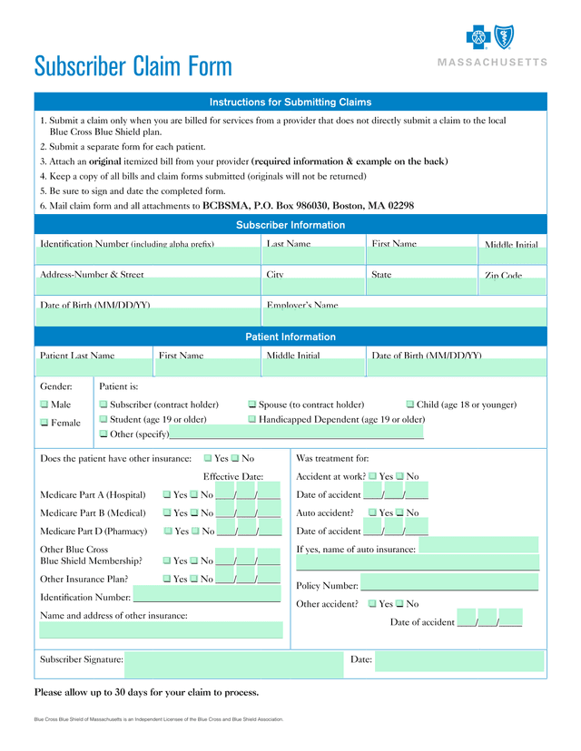 Subscriber Claim Form screenshot