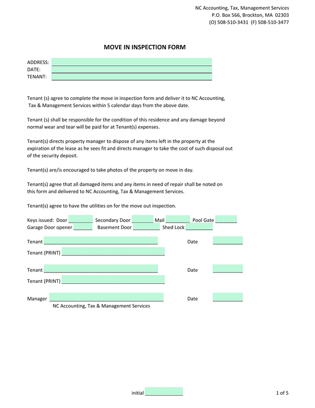 NC Accounting Move In Inspection Form screenshot