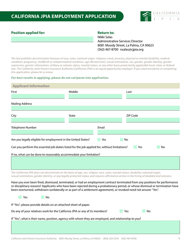 CALIFORNIA JPIA EMPLOYMENT APPLICATION screenshot