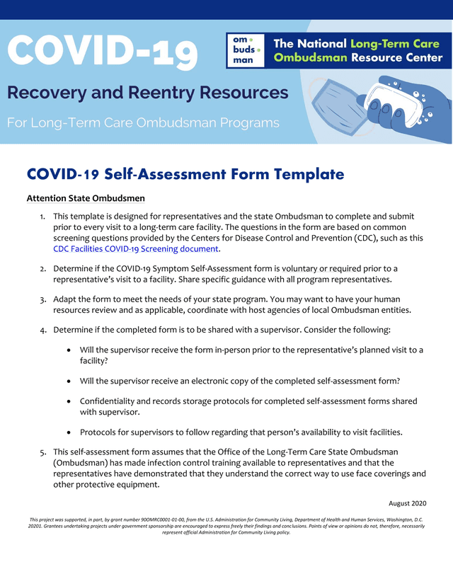 COVID 19 Self Assessment Form Template screenshot