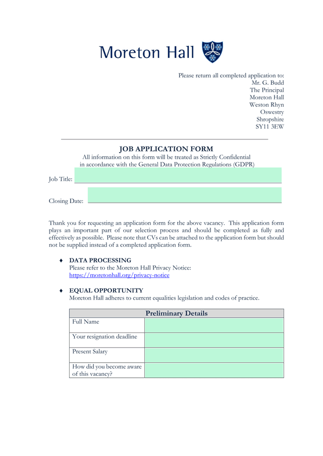 JOB APPLICATION FORM screenshot