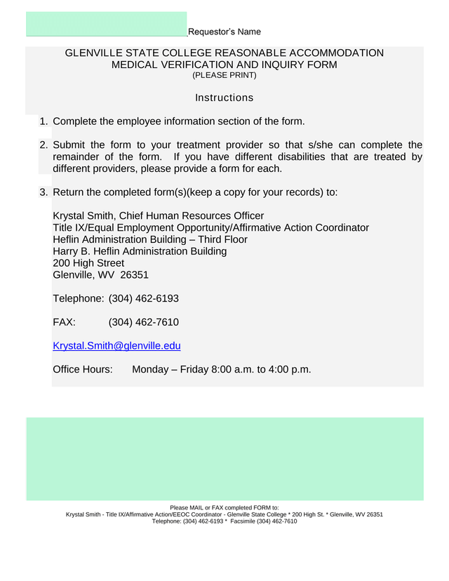 Glenville State College Reasonable Accommodation Medical Verification And Inquiry Form screenshot