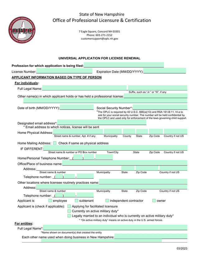 UNIVERSAL APPLICATION FOR LICENSE RENEWAL screenshot