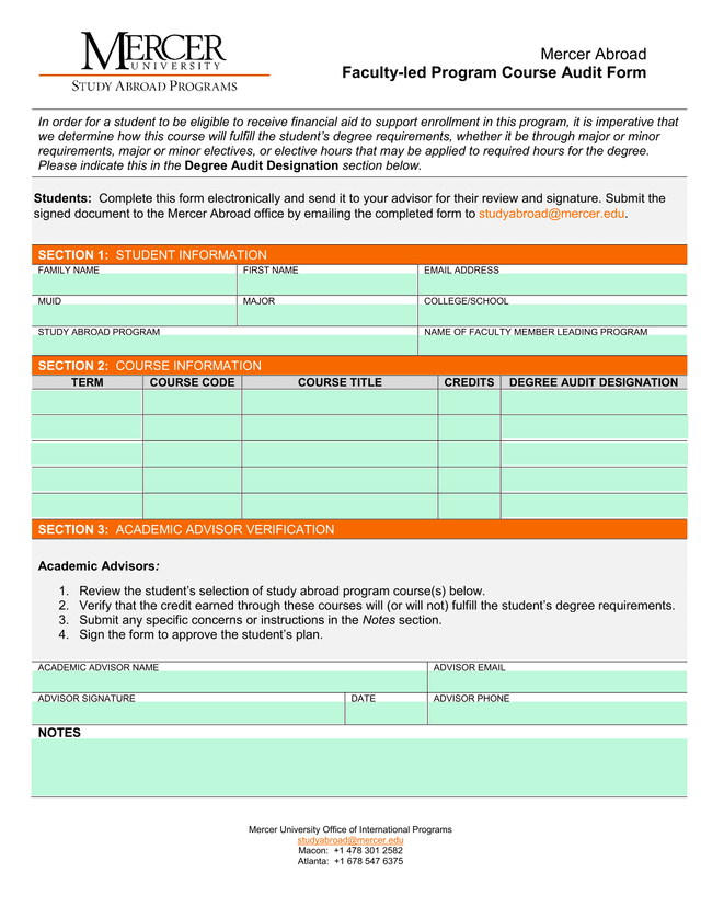 Faculty Led Program Course Audit Form screenshot