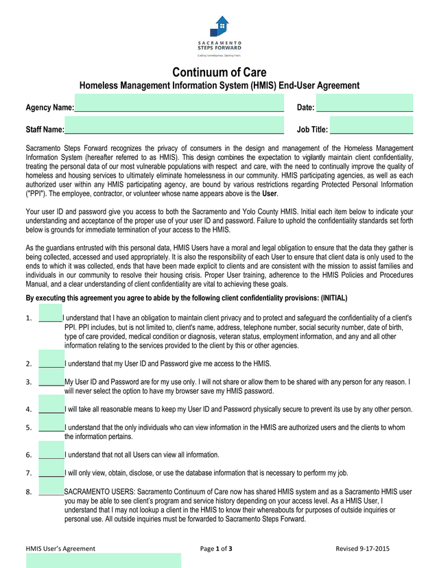 HMIS UserS Agreement screenshot