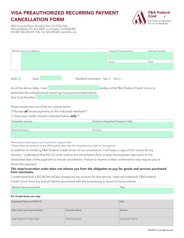 VISA PREAUTHORIZED RECURRING PAYMENT CANCELLATION FORM screenshot