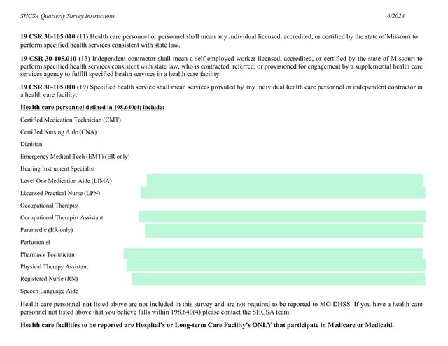 SHCSA Quarterly Survey Instructions screenshot