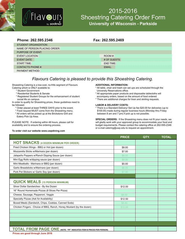 Shoestring Catering Order Form screenshot