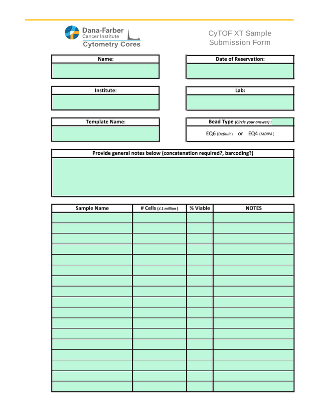 CyTOF XT Sample Submission Form screenshot