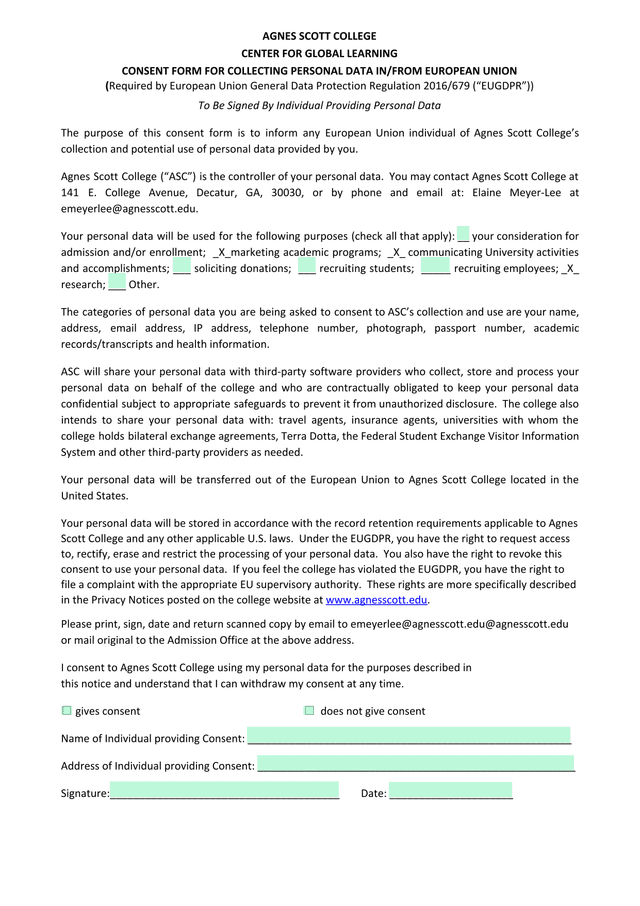 Consent Form For Collecting Personal Data InFrom European Union screenshot