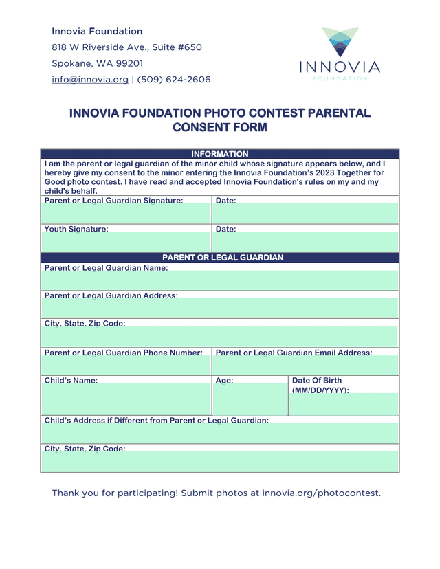Innovia Foundation Photo Contest Parental Consent Form screenshot
