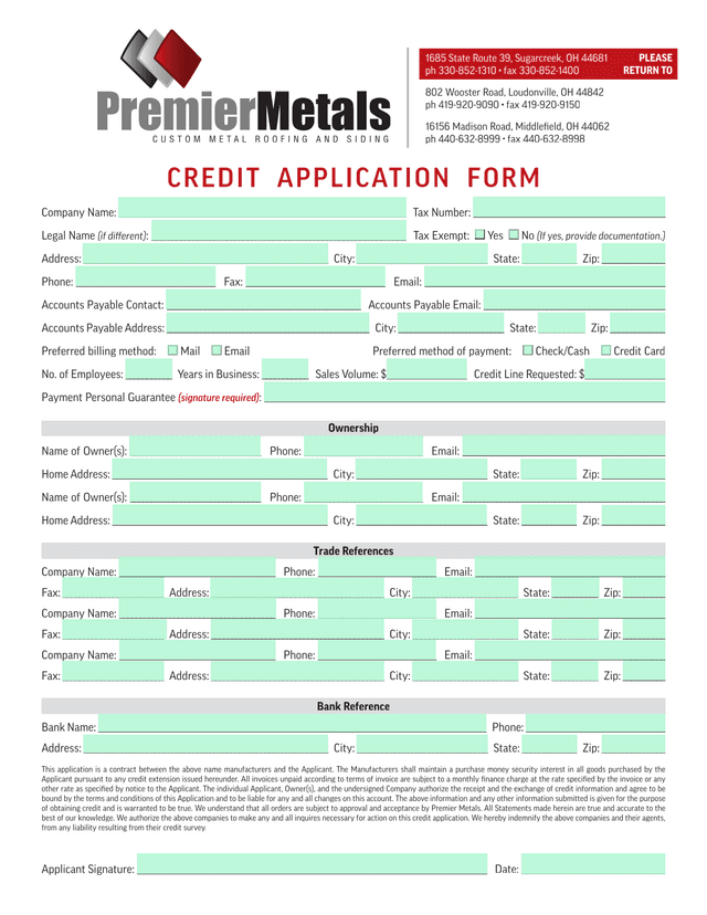 Credit Application Form screenshot