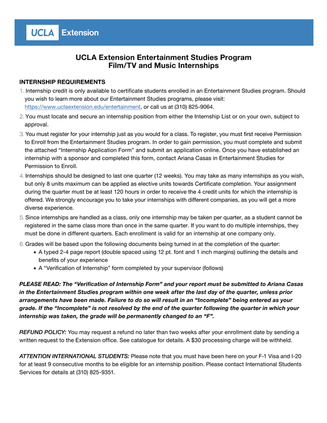 UCLA Extension Entertainment Studies Program FilmTV And Music Internships Internship Requirements screenshot