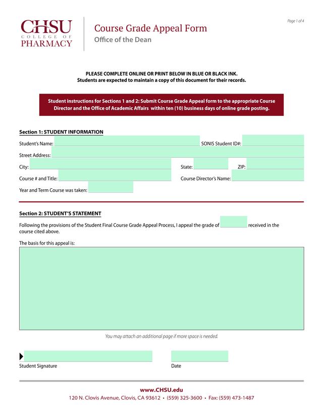 Course Grade Appeal Form screenshot
