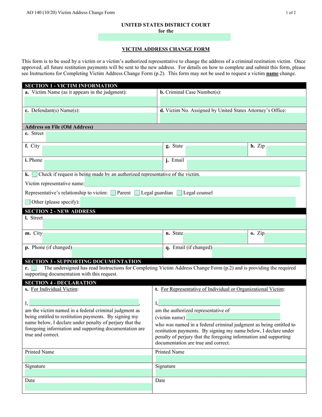 AO 140 (1020) Victim Address Change Form screenshot